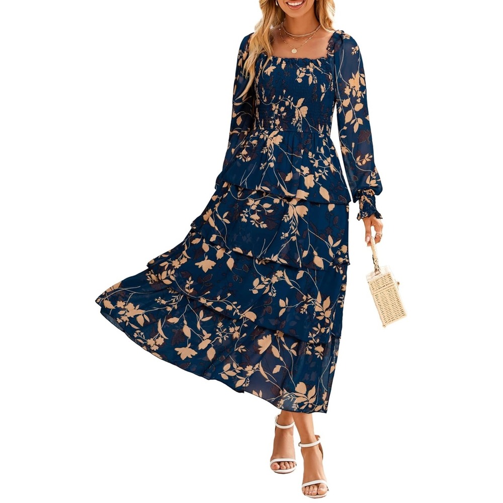 NWT Simplee‎ (Amazon) Navy Floral Smocked Tiered Midi Dress Long Sleeve Size S